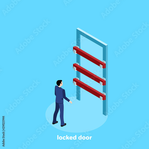 a man in a business suit stands in front of a large locked door, an isometric image