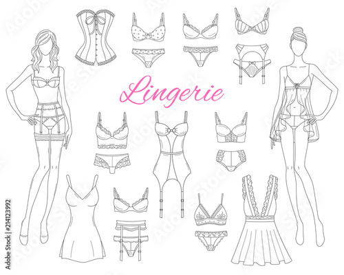 Female lingerie collection with beautiful fashion models, vector sketch illustration.