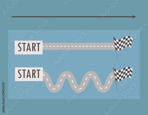 Wallpaper Mural Two parallel roads straight and winding from left to right from the tablets with the word start to the finish black and white flag on a bright blue background arrow vector illustration. Torontodigital.ca