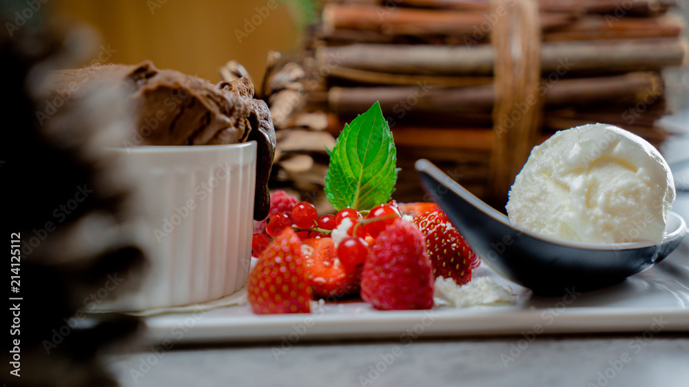 Ice cream with strawberries, mousse dessert served at restaurant - obrazy, fototapety, plakaty 