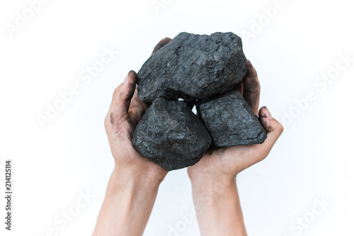 Coal mining: coal miner in hands. The idea of the picture is to extract a mineral or energy source that protects the environment. Industrial coals. Volcanic rocks. Isolated over white background