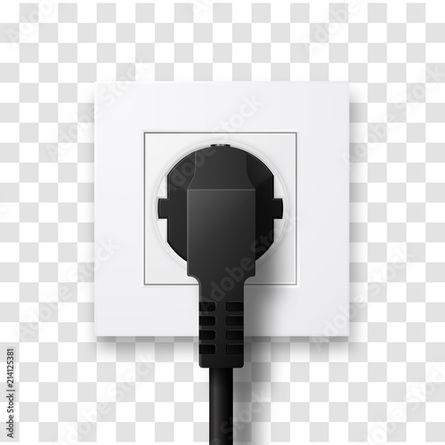 Realistic plug inserted in electrical outlet isolated. Socket with plug, vector illustration.