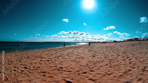 Father And Son Together At The Beach At Sunset, Seagulls Flying