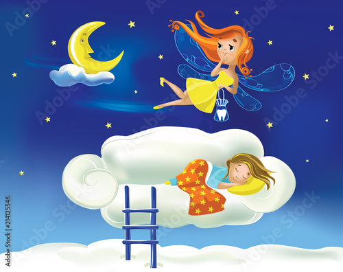 Cute cartoon fairy flies flying against the background of the starry sky above a little girl sleeping on a cloud