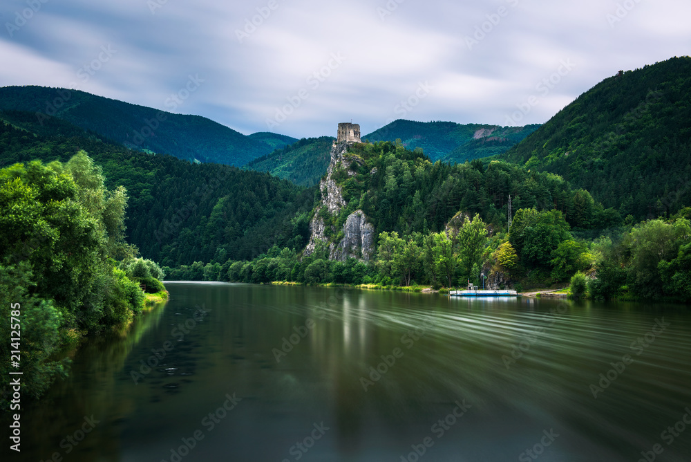 Ruins of the Strecno Castle and the Vah river in Slovakia