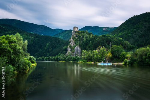 Ruins of the Strecno Castle and the Vah river in Slovakia photo
