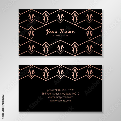 Vector business card template with rose gold art deco pattern on black background.