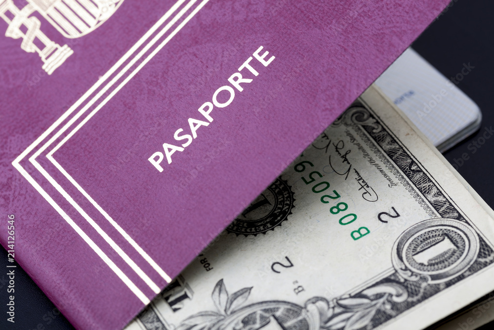 Spanish passport with money dollars