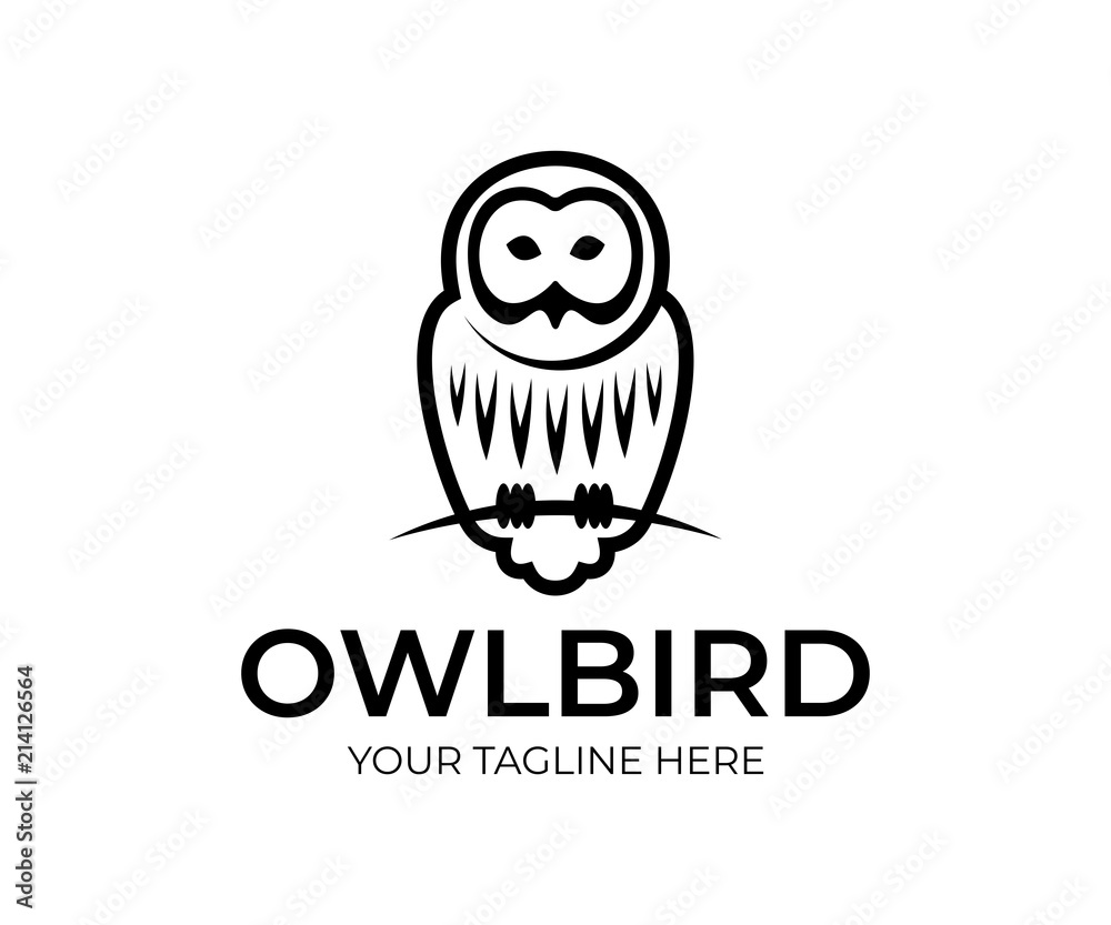 Obraz premium Bird owl linear sits on branch, logo design. Animal, wildlife, nature and night predatory bird, vector design