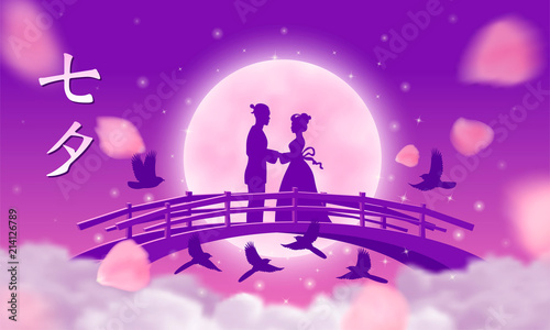 Fotografering Vector illustration for Qixi festival celebrating the annual meeting of the cowherd and wearer girl in chinese mythology