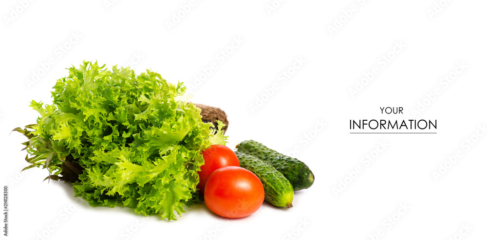 Tomato and cucumber salad leaves pattern on a white background isolation Tomato and cucumber salad leaves pattern on a white background isolation