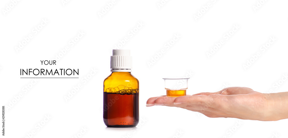 Bottle of syrup in hand medicine pattern on white background isolation Bottle of syrup in hand medicine pattern on white background isolation