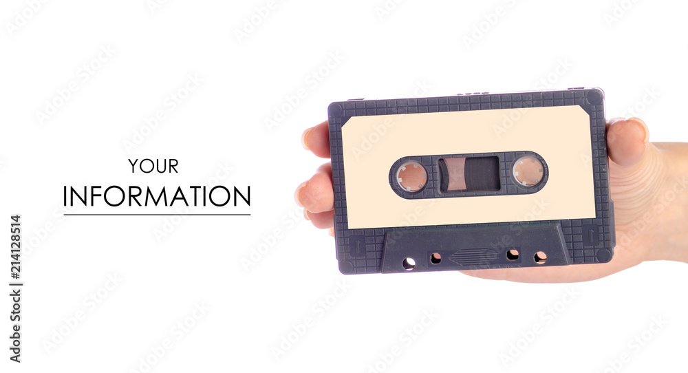 Fototapeta premium Audio cassette in hand stereo music pattern on white background isolation