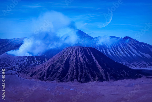 Fantastic lunar landscape in the mountains of Indonesia. Bromo volcano. Java island.