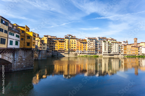 View of medieval stone bridge Ponte Vecchio and the Arno River in Florence  Tuscany  Italy