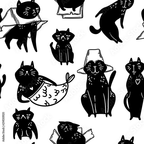Cute cartoon cats with happy expression, walking, sitting, sleeping. Hand drawn seamless pattern. Vector.
