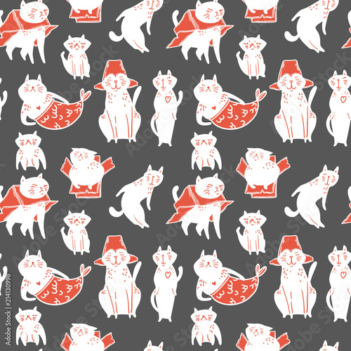 Cute cartoon cats with happy expression, walking, sitting, sleeping. Hand drawn seamless pattern. Vector.