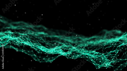 Network connection dots and lines. Technology background. Plexus. Big data background. Green. 3d rendering.