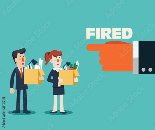 Dismissed frustrated business person holding a box with his things. Angry boss firing employee. Unemployment, crisis, jobless and employee job reduction concept vector design