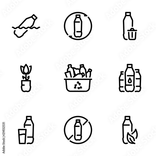 Set of black vector icons, isolated on white background, on theme Plastic, modern environmental problem