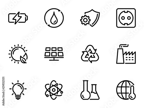 Set of black vector icons, isolated on white background, on theme Environmental energy and the production of lithium-ion batteries