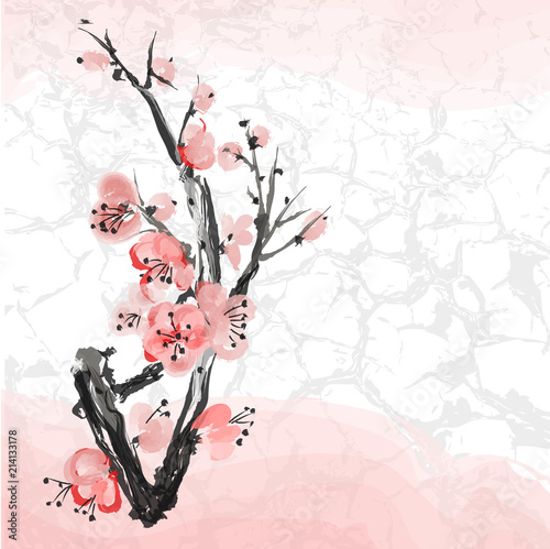 Realistic Sakura blossom - Japanese Cherry Tree isolated on white background. Artistic Branch Plum Blossom.	