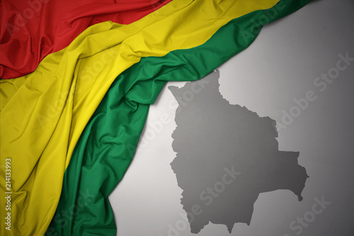 waving colorful national flag and map of bolivia. photo