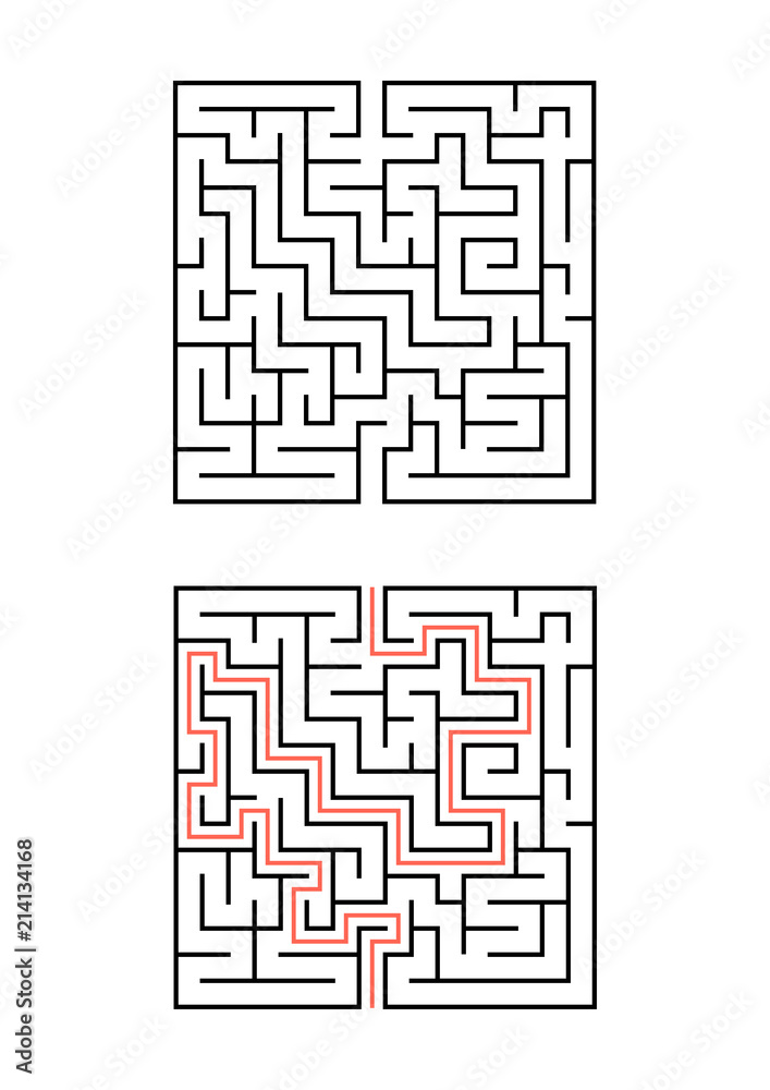A square maze for children. Simple flat vector illustration isolated on white background. With the answer. A square maze for children. Simple flat vector illustration isolated on white background. With the answer.