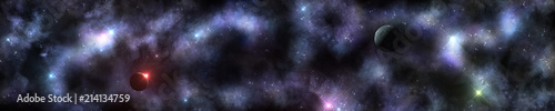 Panorama of the space landscape. Nebula and planets. Starry landscape. 3D rendering