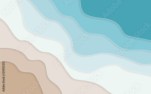 Paper art cartoon abstract waves, holes. Blue sea and beach summer background with paper waves and seacoast for banner, invitation, poster or web site design. Vector illustration