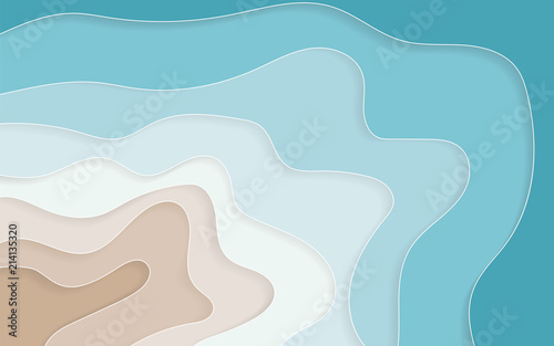 Paper art cartoon abstract waves, holes. Blue sea and beach summer background with paper waves and seacoast for banner, invitation, poster or web site design. Vector illustration