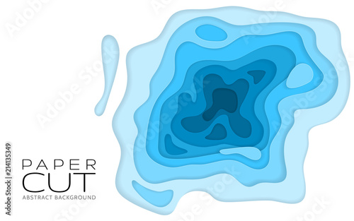 Paper art cartoon abstract waves, holes. Blue sea and beach summer background with paper waves and seacoast for banner, invitation, poster or web site design. Vector illustration