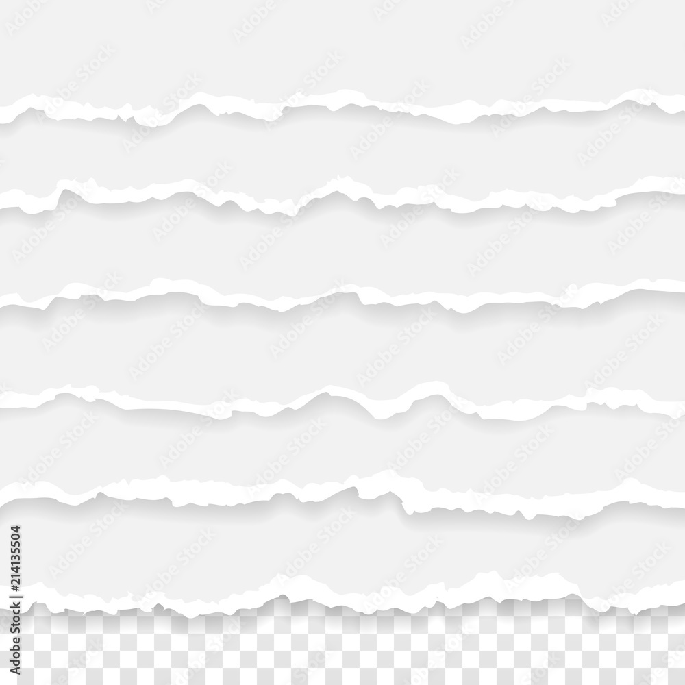 Set of torn paper stripes. Paper texture with damaged edge isolated on transparent background. Vector illustration