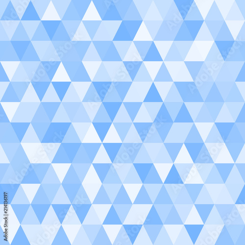 Seamless Triangle Vector Pattern with Random Tints of Blue. Geometric Low-Poly Background. Polygonal Faceted Mosaic Texture for Web, Mobile Interfaces or Print Design. Repeating Tile Swatch Included