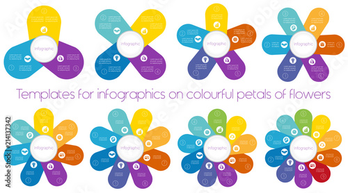  Templates for infographics on colourful petals of flowers. Place of text on 3, 4 , 5 , 6, 7, 8, 9, 10 petals