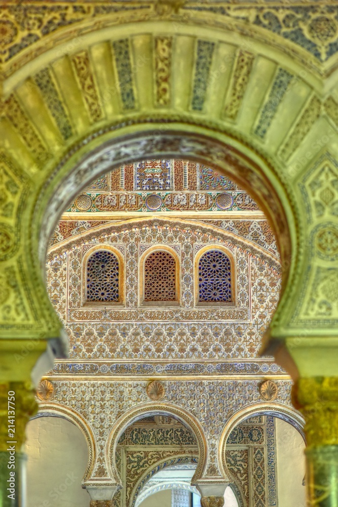 Royal Alcazar, detail of `Salon de Embajadores´, Ambassador's Hall ,Sevilla, Andalucía, Spain