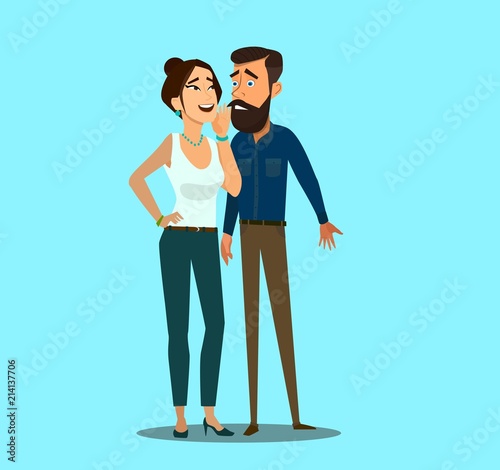 Woman whispering gossip secrets in business man ear. Vector illustration in cartoon style.