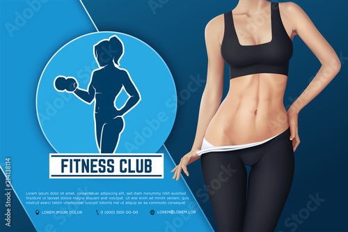 Design of web banner of fitness club emblem. Silhouette of athletic woman with dumbbell. Young sports sexy woman body