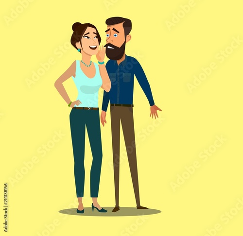 Woman whispering gossip secrets in business man ear. Vector illustration in cartoon style.