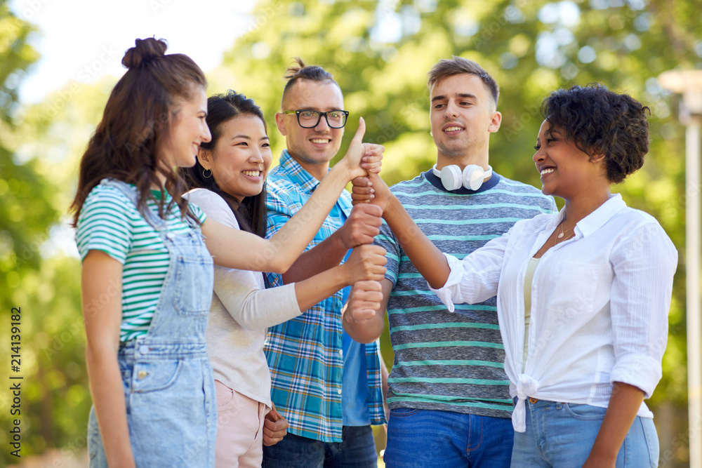 success, friendship and international concept - group of happy smiling friends making thumbs up gesture in park success, friendship and international concept - group of happy smiling friends making thumbs up gesture in park