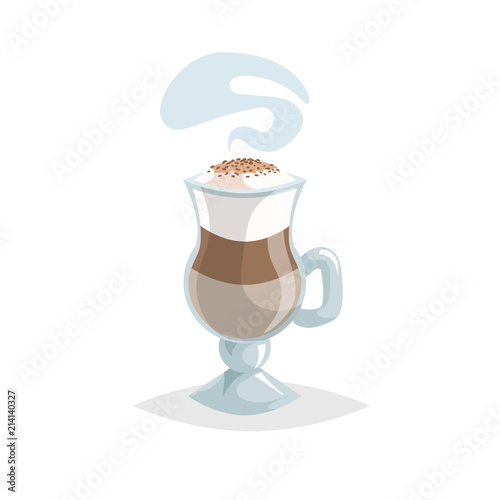 Glass with latte macchiato layered coffee. Cartoon trendy style. Special mug with handle. Beautiful steam. Vector illustration.