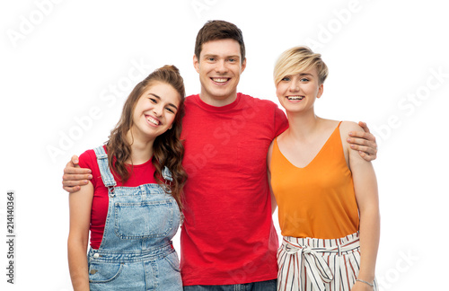 friendship and people concept - group of happy smiling friends hugging over white background