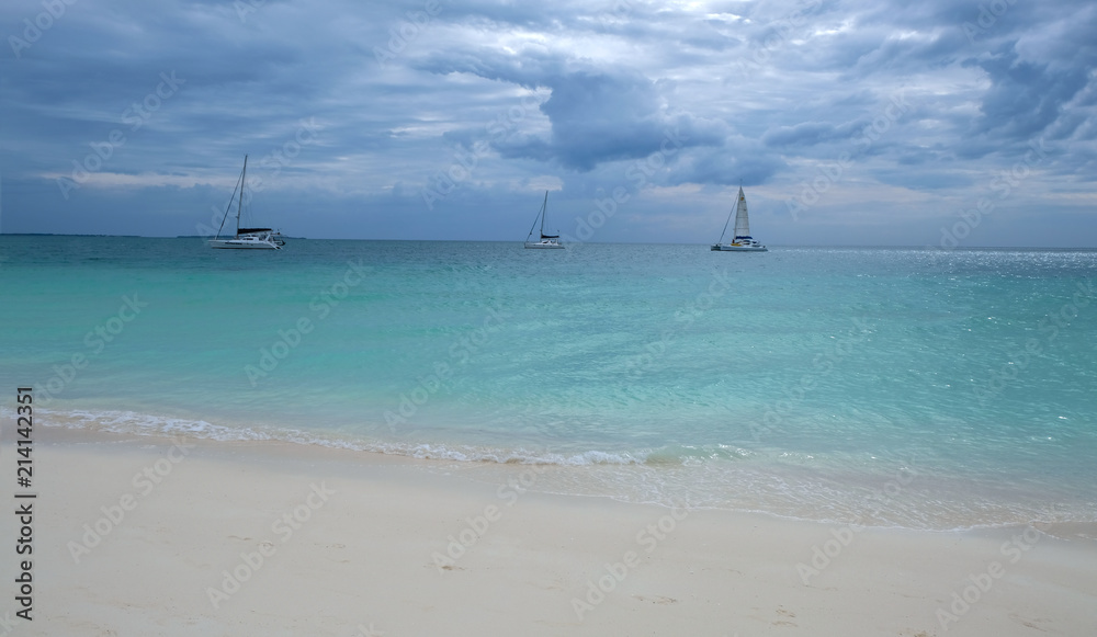 View of the Indian ocean. Ships and boats on the water. Beautiful nature of island Zanzibar. Tanzania
