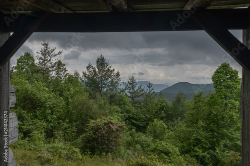 Scenic view of mountains seen from a three sided shelter on Cataloochee Divide Trail