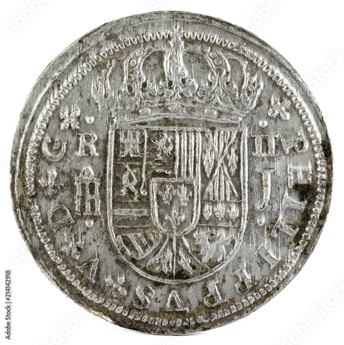 Ancient Spanish silver coin of the King Felipe V. 1718. Coined in Segovia. 2 reales. Obverse. photo