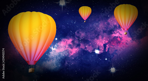 Aerial flying balloons in the abstract night sky, stars space background