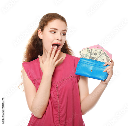 Young woman holding wallet ...