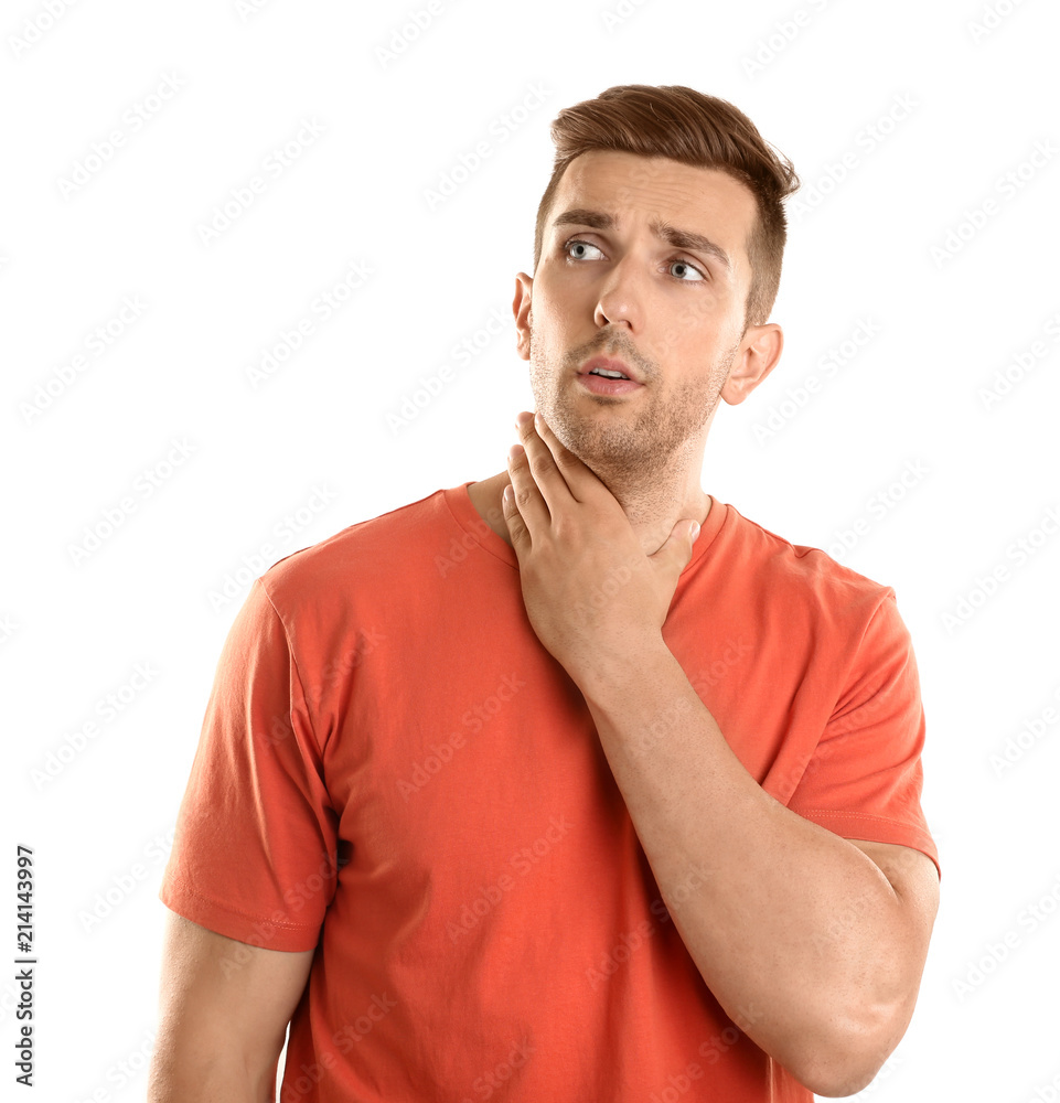 Young man with asthma on white background Young man with asthma on white background