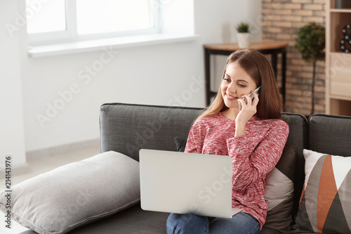Female freelancer talking b...