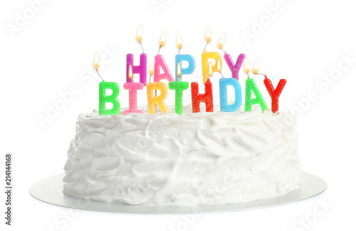 Birthday cake with candles on white background Stock Photo | Adobe Stock